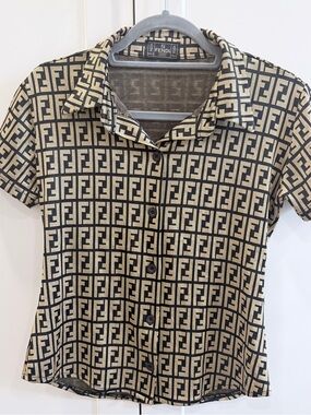 Vintage Fendi Zucca Monogram Mesh Top Brown Beige Italy Size 42